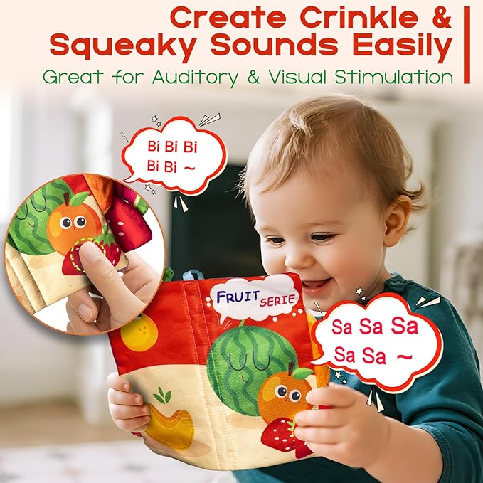 Soft Book Toys for Babies 0-18 Months, 2PCS Crinkle Cloth Books – Fruit and Vegetable Themes, Tails Sensory Book with Rings for Hang, Montessori Early Learning Infant Toy for 0-6-12-18 Month