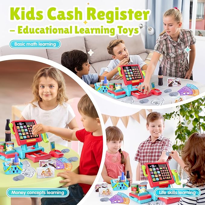 PLAY Kids Cash Register Toy Supermarket with Register Pretend Play Calculator Register Toys with Scanner/Microphone/Credit Card/Conveyors/Cans/Drink/Play Money, Cash Register for Kids Ages 3+