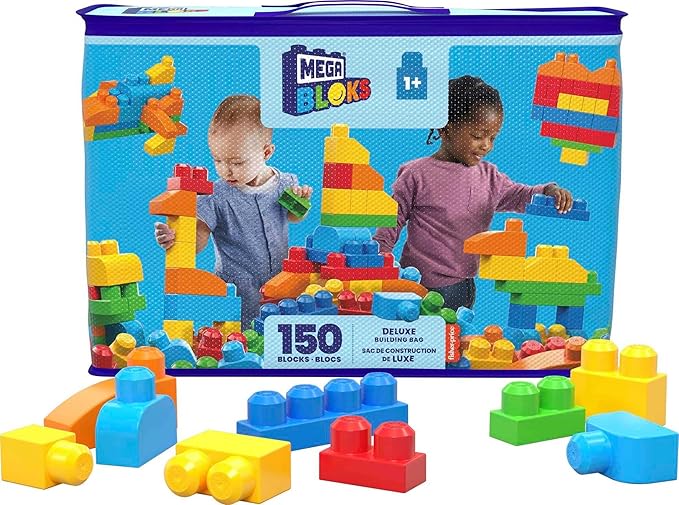 MEGA BLOKS First Builders Toddler Blocks Toys Set, Deluxe Building Bag with 150 Pieces and Storage, Creative Open-Ended Play, Blue, Ages 1+ Years (Amazon Exclusive)