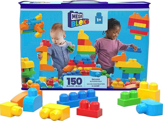 MEGA BLOKS First Builders Toddler Blocks Toys Set, Deluxe Building Bag with 150 Pieces and Storage, Creative Open-Ended Play, Blue, Ages 1+ Years (Amazon Exclusive)