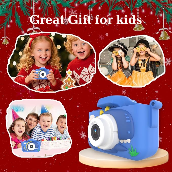 Kids Camera for 3-9 Year Old Boys Girls, Children Digital Camera with Cute Cartoon Soft Cover & 32GB SD Card, Best Christmas Birthday Gifts for Grandkids, Halloween Party Favors for Kids - Blue