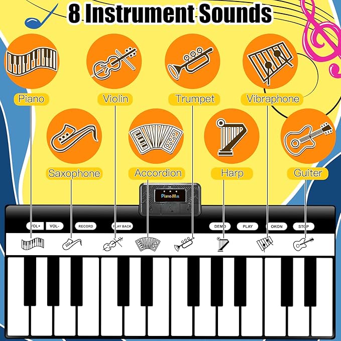 TWFRIC 6ft. Piano Mat with 24 Keys & 10 Demos & 8 Musical Instruments Sounds & 4 Play Modes, Giant Dance Floor Piano Music Play Mat 71'' Large Interactive Musical Toys Gifts for Kids Adults Toddlers