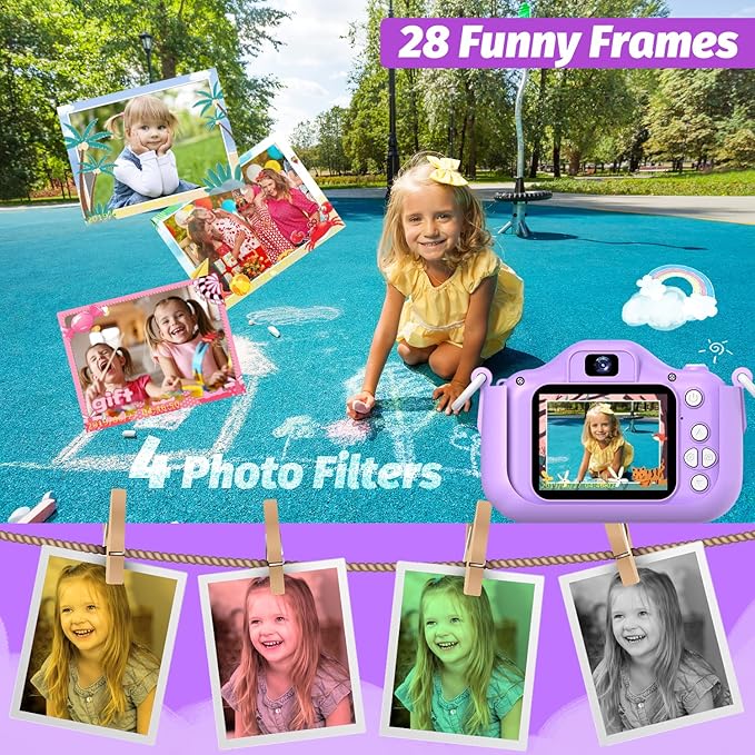 Goopow Kids Selfie Camera Toys for Girls Age 3-9, Digital Video Camera Toy with Protective Cover,Christmas Birthday Festival Gifts for 3-9 Year Old Girls Boys- 32GB SD Card Included