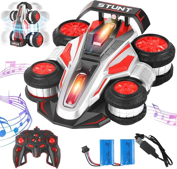 RC Cars, 2.4 GHz Fast Stunt RC Car, 4WD 360° Rotating RC Trucks with lights and music, High Speed Off Road Stunt Truck, upright walking cars, Remote Control Car Toy for 6-12 Boys and Girls(RED)