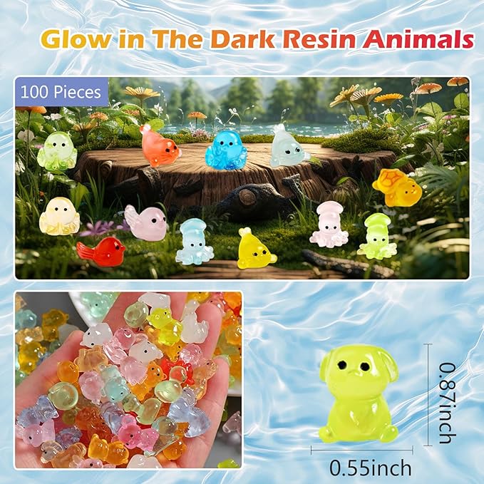 100 Pcs Mystery Bag Mini Resin Animals Glow in The Dark Figurines, Mini Figures Blind Bags for DIY Crafts, Fairy Garden Decor, Dollhouse Accessories, Party Favors, Surprise Gifts for Kids