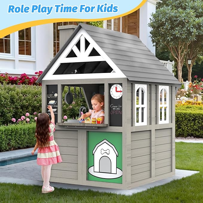 Kids Outdoor Playhouse,Cedar Gray Wooden Play House for Kids Ages 3-8, with Play Kitchen, Interactive Doorbell, Toy Phone, Sink, Flowerpot