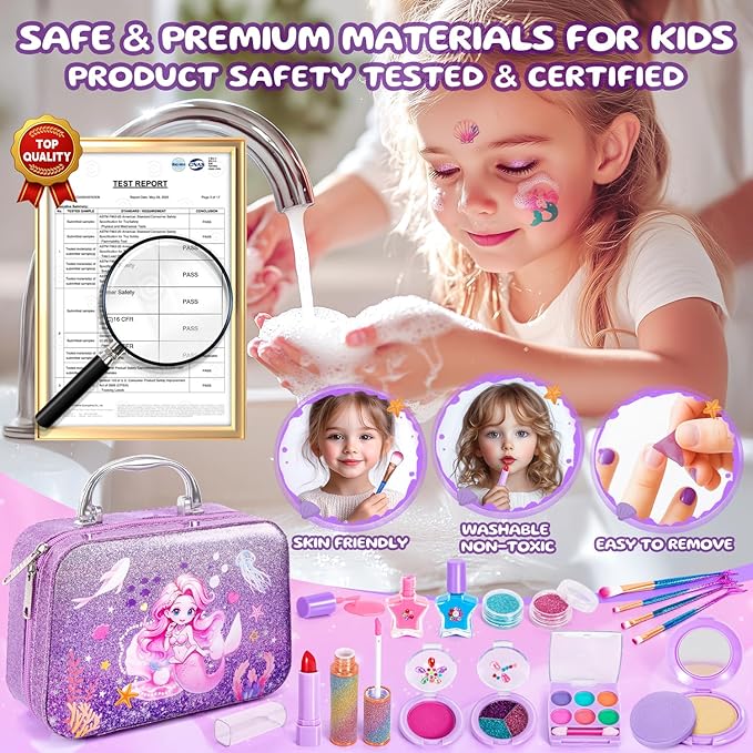 Kids Makeup for Toddlers Toys, Washable Make Up Set Non-Toxic Mermaid Toys for Girls, Kids Hair, Nail Polish, Brushes, Purse Accessories, Princess Christmas Birthday Gift Toys for Girls 3+
