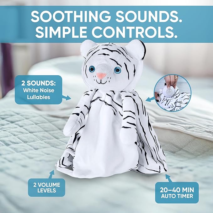 Love By Emi Baby Sleep Soother White Tiger Plush with Heartbeat & Lullaby Sounds, 4-in-1 Sound Machine, Security Blanket & Pacifier Holder, Baby Registry Essential for Newborns, Infants & Toddler