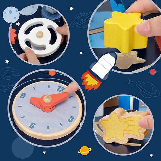 10-in-1 Wooden Activity Table for 1 Year Old | Montessori Baby Standing Activity Center & Sensory Play Cube with Xylophone, Rocket Blocks, Bead Maze, Mirror, Shape Sorter – Space Theme