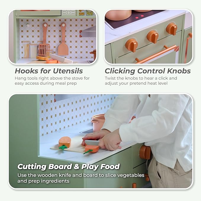 Teamson Kids Little Chef St. Louis Retro Wooden Play Kitchen for Toddlers, Green Pretend Kitchen Set with Ice Maker, Backsplash & 15 Accessories, Toy for Kids Ages 3+