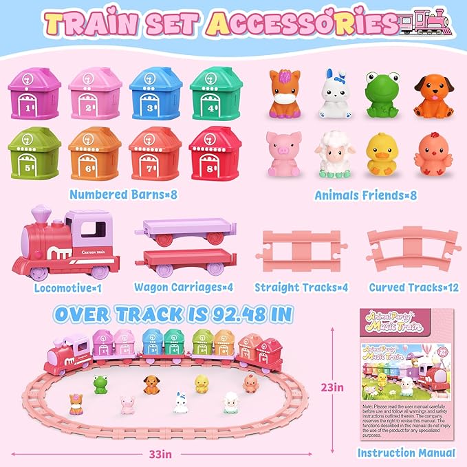 Learning Toys for Toddlers 1 2 3 Year Old,Electric Farm Train Set for Girls 2-4,Counting Matching & Sorting Montessori Train Toy with Farm Animals, Music, Light, Christmas Birthday Gift Baby (Pink)