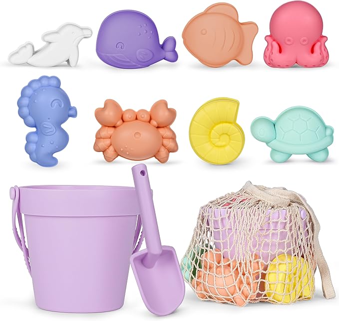 MarcZero 11Pcs Silicone Beach Toys,Modern Baby Beach Toys,Travel Friendly Beach Set,Eco Friendly Toy,Silicone Bucket, Shovel, 8 Sand Molds, Beach Bag,Silicone Sand Toys for Toddlers, Kids (Purple)
