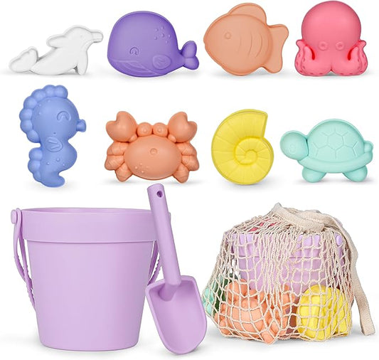 MarcZero 11Pcs Silicone Beach Toys,Modern Baby Beach Toys,Travel Friendly Beach Set,Eco Friendly Toy,Silicone Bucket, Shovel, 8 Sand Molds, Beach Bag,Silicone Sand Toys for Toddlers, Kids (Purple)