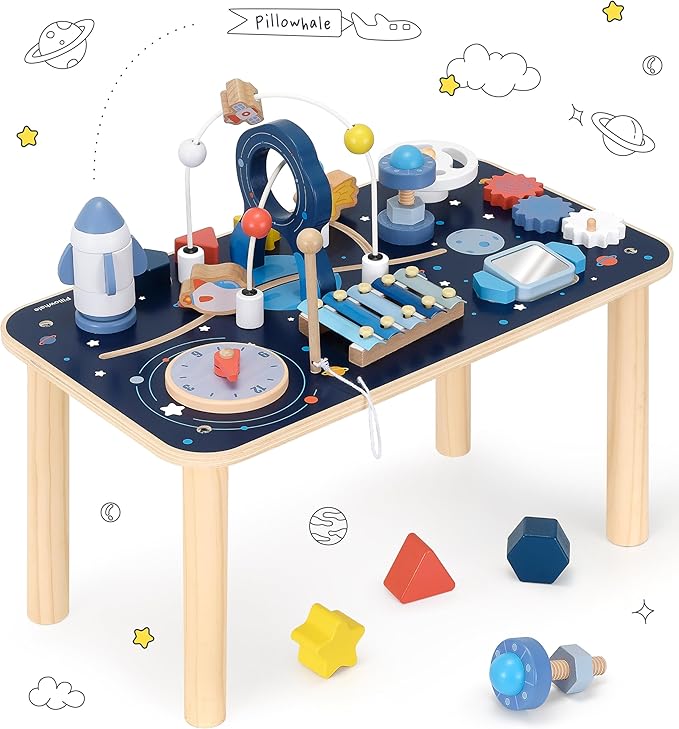 10-in-1 Wooden Activity Table for 1 Year Old | Montessori Baby Standing Activity Center & Sensory Play Cube with Xylophone, Rocket Blocks, Bead Maze, Mirror, Shape Sorter – Space Theme