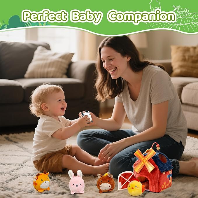 brenzo Baby Toys 6-12 Months, Montessori Sensory Playset Babies 0-3, Open The Barn Door to Fun, Tummy Time Companion w/ 6 Farm Animals , Rattle, Crinkle, Squeaker & Mirror, Ideal Newborn Toddler Gift