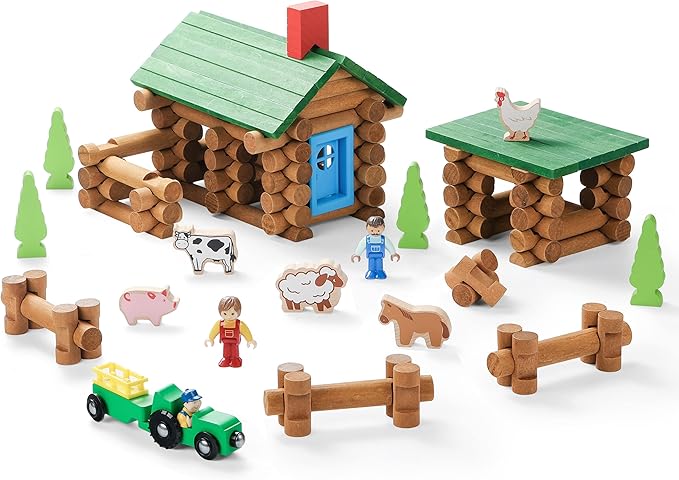 SainSmart Jr. Wooden Log Cabin Set Farm Building House Toy for Toddlers, 122 PCS Classic STEM Construction Kit with Colorful Wood Logs Blocks for 3+ Years Old
