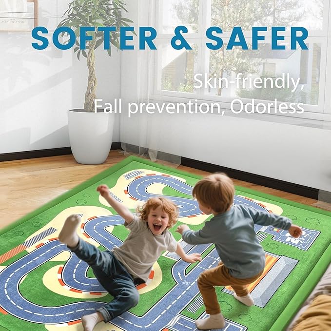 1.3" Thick Educational Baby Floor Play Mat 79x158, Basic Padded Memory Foam Kids Mat, Extra Large Non-Slip Plush Playmat for Nursery Playroom Classroom (Race Track)