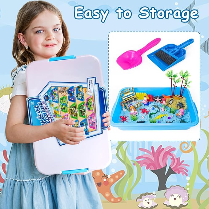 57Pcs Sensory Bin Toys, Ocean Mermaid Sensory Bin Sandbox for Kids Ages 2 3 4 5 6 7 8 with 2.64lbs Magic Sand, Castle Moulds, 4 Mermaids & 30 Sea Animals, Toddlers Play Sand Art Kits Gifts