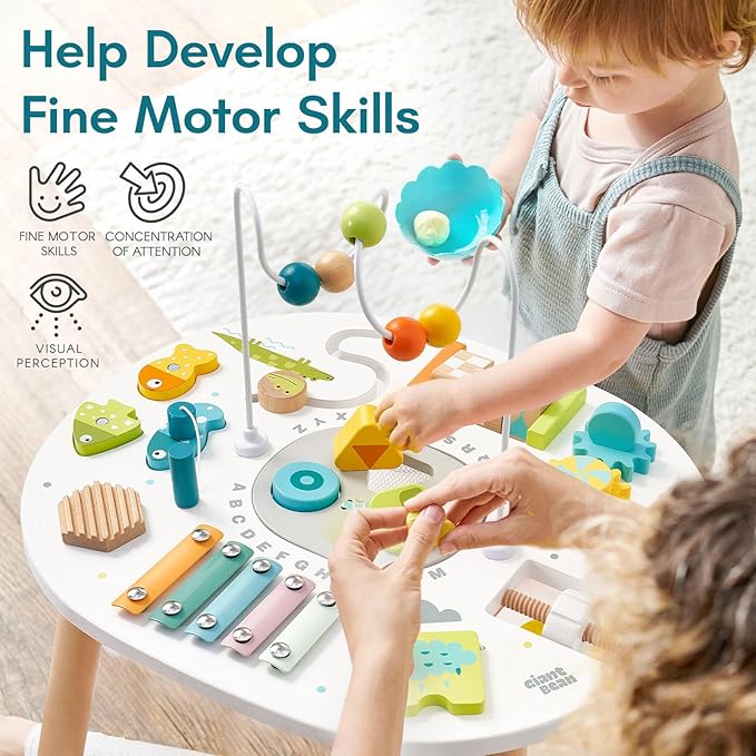 Giant bean® Wooden Activity Table for 1 Year Old, 11-in-1 Montessori Learning Table with Bead Maze, Shape Sorter, Fishing Game & More – Sensory Development Toy for Toddlers, Ideal 1st Birthday Gift