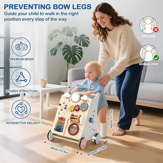 Detachable Baby Walker for Toddlers 1 Year Old Wooden Montessori Busy Board Adjustable Speed Push & Pull Walker Activity Learning to Walk Center Toy for Boys Girls 6-12 Months Baby Toys Birthday Gifts