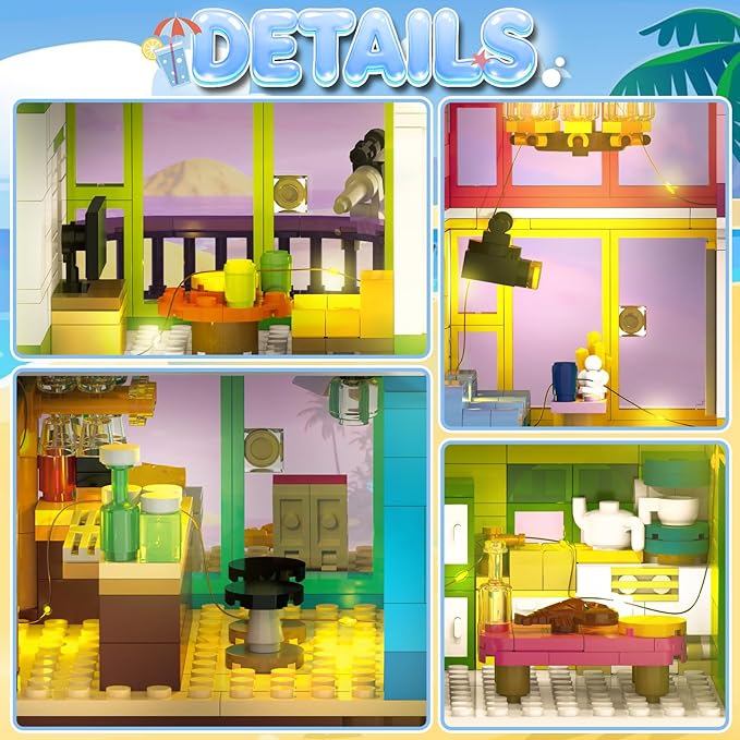 Beach House Building Set with Light, NO Compatible with Lego Friend House for Girls Age 8-12, 1346PCS Mini Bricks Seaside Villa, Creative Holiday Cottage Building Kits, for Girl 8-14