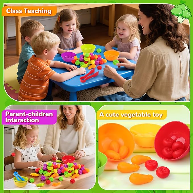 USATDD Counting Vegetables Color Sorting Matching Games with Bowls Preschool Learning Activities for Educational Sensory Montessori STEM Toy Sets for Toddlers Kids Boys Girls Aged 3-5