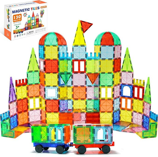 EchoPlan Magnetic Tiles, 130PCS Magnetic Blocks with 2 Cars, Magnet Tiles 3D Clear Building Blocks Set, STEM Sensory Educational Toys Gift for Toddlers Kids Boys 3 4 5 6 7 8 9+ Year Old