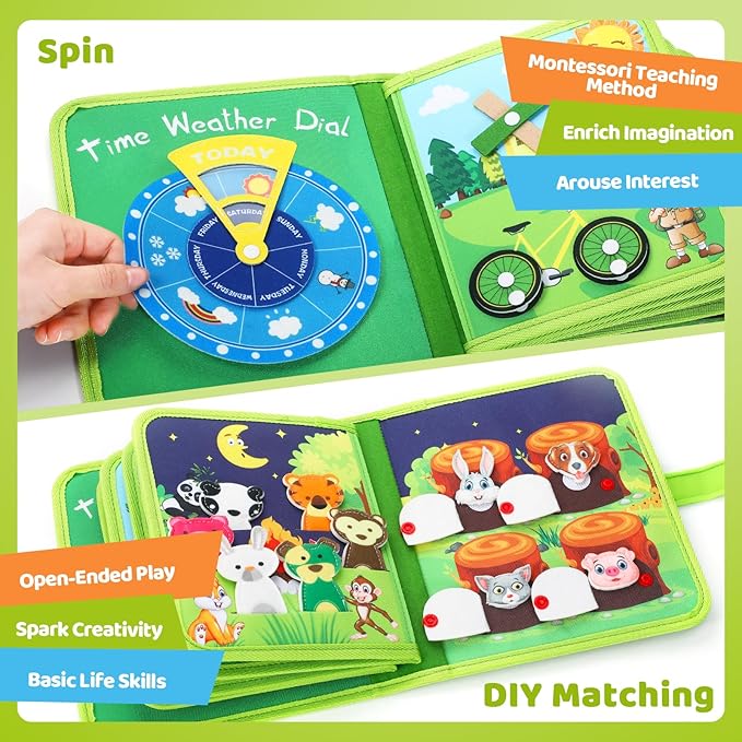 Busy Book for Toddlers 1-3, Montessori Toys Busy Board for 1 Year Old with Fishing Game Finger Puppet Motor Skill, Quiet Airplane Travel Essential Activities 1 2 3 Christmas Birthday Gift Boy Girl
