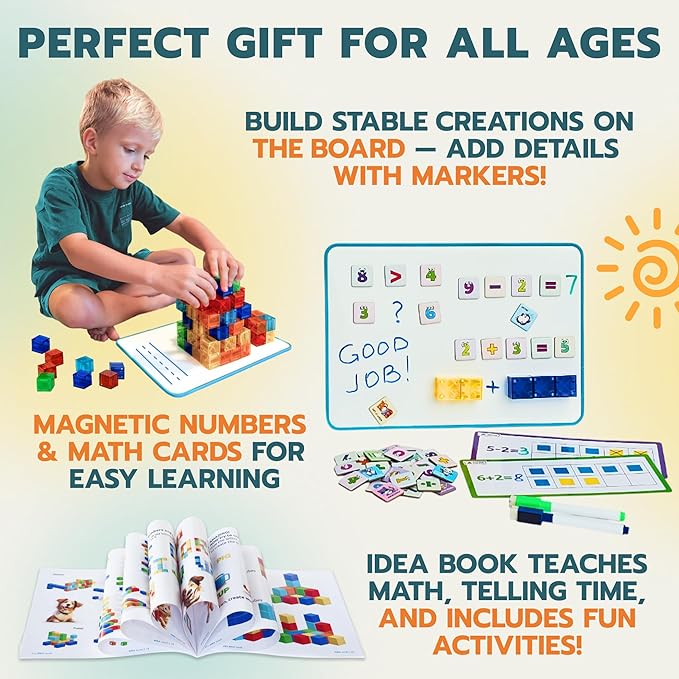 40pcs Transparent Magnetic Blocks, 1inch Cubes, 5-in-1 STEM Set with Board & Markers, Math Cards & Numbers, Magnetic Clock, Idea Book, 3D Educational & Building Toys, for Kids Ages 4-8