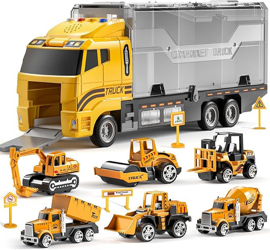 TEMI Toddler Toys for 3 4 5 6 Years Old Boys, Die-cast Construction Toys Car Carrier Vehicle Toy Set w/Play Mat, Kids Toys Truck Alloy Metal Car Toys Set for Age 3-9 Toddlers Kids Boys & Girls