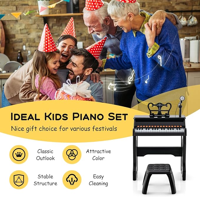 HONEY JOY Kids Piano, 37-Key Black Kids Keyboard Piano w/ Music Stand & Bench, Gift for Babies w/ Microphone, Portable Electronic Educational Musical Instrument, Toddler Piano for Girls Boys