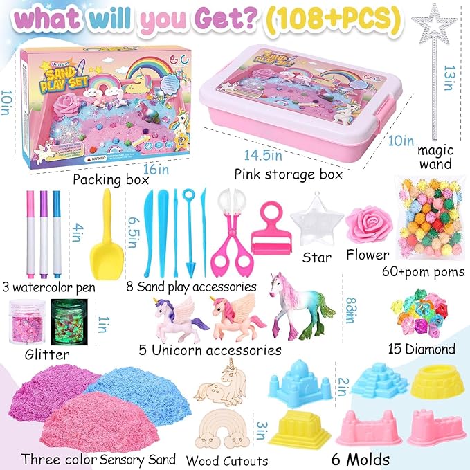 G.C Unicorn Sensory Bin for Girl Kid Toy, Play Sand Art Kit 108pcs with Sandbox, 2lb Color Sand, 6 Castle Molds, Unicorn Tactile Sensory Toy Christmas Birthday Gift for Girl Toddler Ages 3 4 5 6 7 8