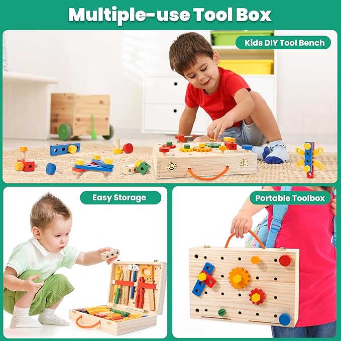 WOOOMAM Kids Tool Set, 90 PCS Wooden Toddler Tool Set with Box and Flash Cards, Tool Kit for Kids Age 3-5 Years, Toddler Boy Toys, FSC Certified Material