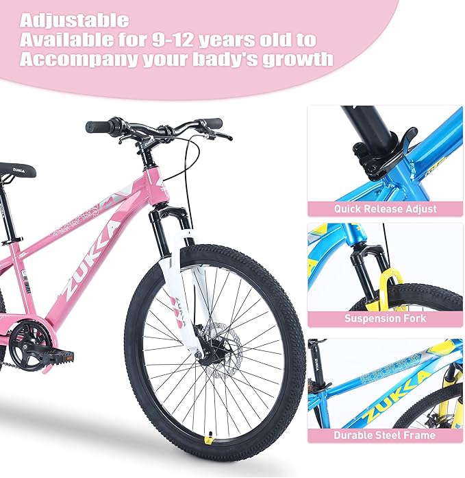 ZUKKA Kids Bike 20/24 Inch Mountain Bike Dual Disc Brake Suspension Fork Single Speed for Ages 7-12 Boys and Girls Youth Bicycle, Multiple Colors