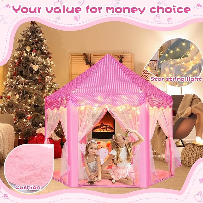 Monobeach Princess Tent Girls Large Playhouse Kids Castle Play Tent with Star Lights Toy for Children Indoor and Outdoor Games, 55'' x 53'' (DxH) (Pink Princess Tent with Play Mat)