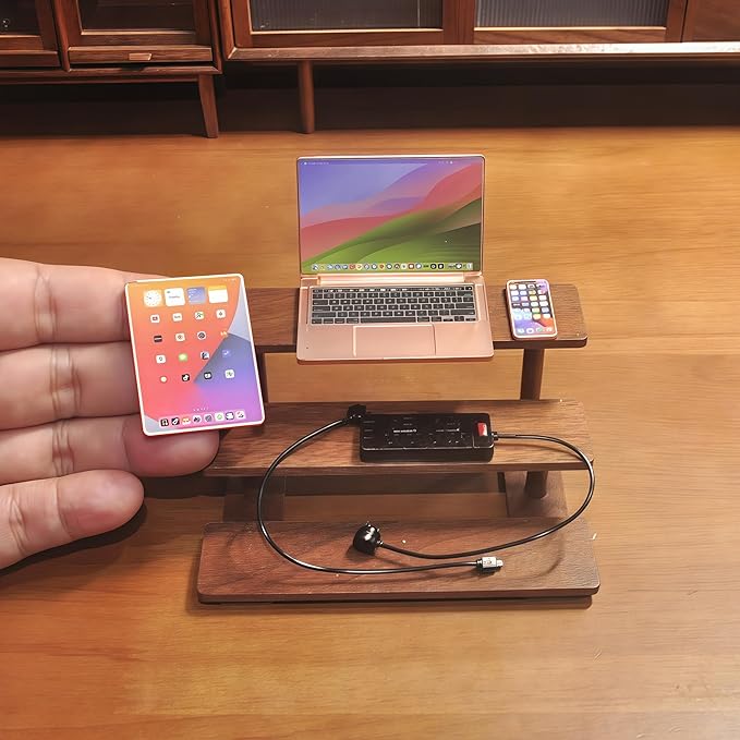 Miniature Electronics Set for Dollhouses: 1:6 Scale Metal Smartphone, Tablet, Laptop & Socket - Doll Accessory Compatible with 1:12 Scale Miniatures - 5 Color Variants (RoseGolden)