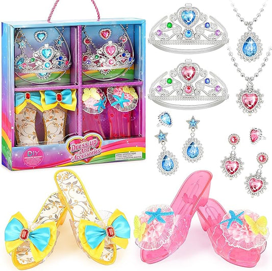 Princess Dress Up Shoes Set Girls Role Play Shoes Toddler Pretend Jewelry Toys Set Gift Set 2 Pairs of Shoes Kit Collection of Tiara Crown Earrings Necklace Rings for Girls Aged 3-6 Years Old