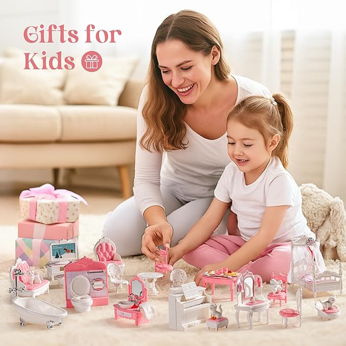 ROBOTIME 26PCS Dollhouse Furniture Set for Kids – Realistic Dollhouse Accessories with 5 Rooms: Living Room, Bedroom, Bathroom, Dining Room & Balcony, for Girls & Boys Ages 3+