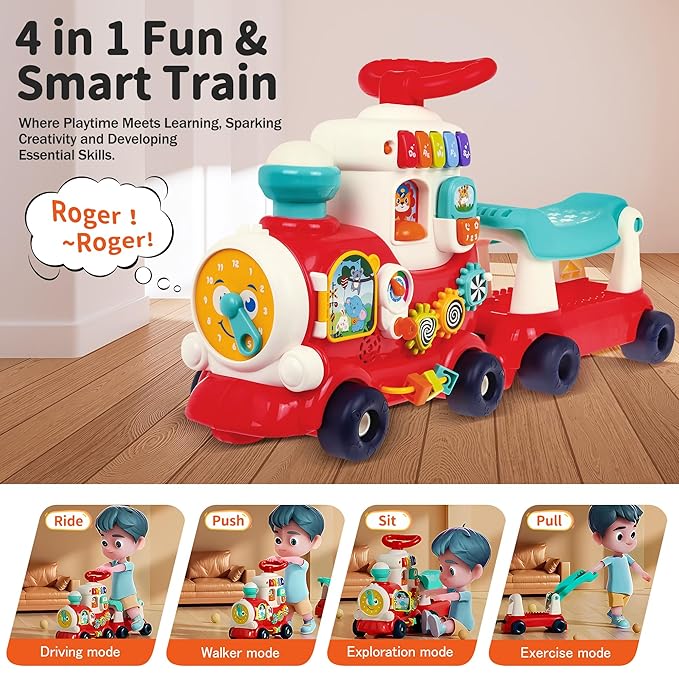 Ride On Toys for Toddlers 1-3 Boys Girls, 4-in-1 Push Pull Sit and Ride Train, Walking Car Toy for 1 Year Old Learning to Walk, Sit-to-Stand Walker for Baby Kids Ages 1 2 3 4 Outdoor Indoor Toy