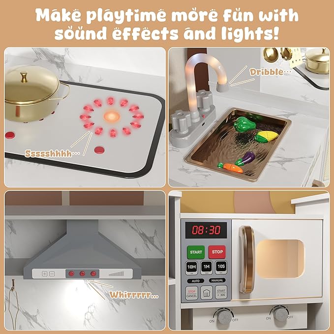 Wooden Play Kitchen for Kids with Realistic Lights & Sounds, Smart Storage, Pretend Ice Maker, Sink, Stove, Inspiring Creative Role Play Toy for Ages 3+(White)