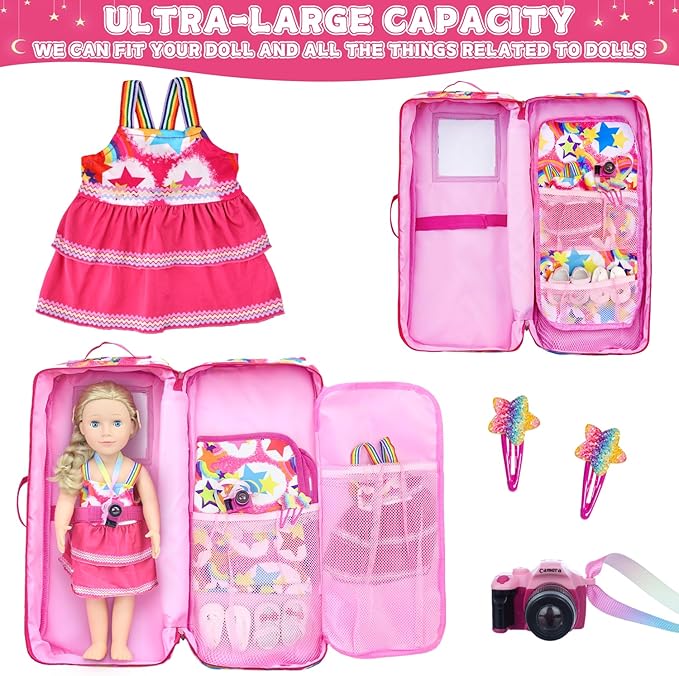 K.T. Fancy 6 Pcs 18 Inch Doll Carrier Bag Set and Accessories Including Girl Doll Clothes, Hair Clip, Picnic Blanket, Mini Toy Camera