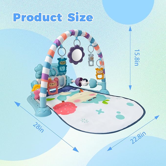 Baby Tummy Time Play Mat, Kick and Play Piano with Music and Light, Activity Gym Center for Newborn Babies Infants Boys Girls 0-3-6-9-12 Months (Blue)