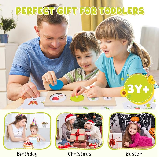 Montessori Wooden Circle Puzzle with Knob,Montessori Toys for 12-18 Months-Mirror Peekaboo Peg Board with 32 Cards for 8 Life Cycles,First Baby Puzzle for Toddlers 1-3,Wooden Preschool Learning Toys