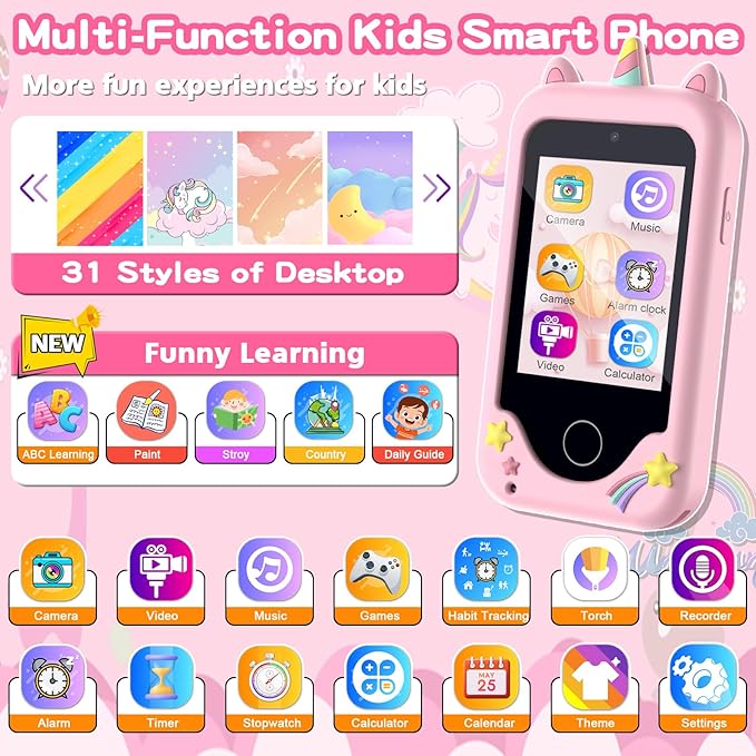 Kids Phone for Girls Boys, Touchscreen Toddler Smartphone Learning Toy, 3-10 Year Old Christmas Birthday Gift, Play Cell Phone With Camera, Games, Music, 8GB Card