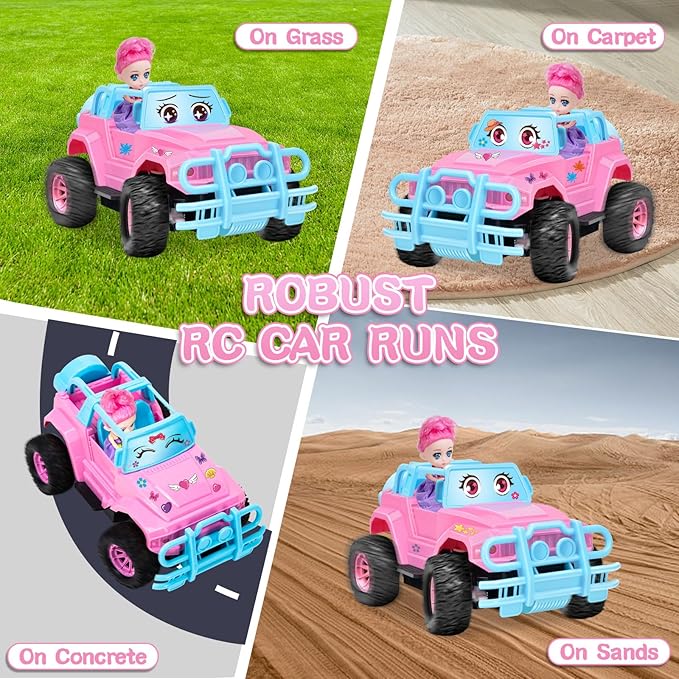Remote Control Car- RC Truck with DIY Stickers and Doll for Kids Girls Birthday, 1:20 Scale RC Truck Full Functions Creative Racing Car for Toddlers Kids Indoor Outdoor Games, Pink