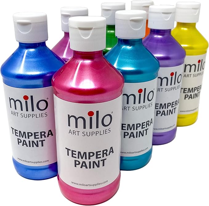 milo Washable Paint for Kids | Sparkle Pearlescent Tempera | Set of 8 Colors 8 oz Bottles | Made in the USA | Washable and Non-Toxic Glitter Art & Craft Poster Paints for Children, Toddlers, Classroom, School, Project