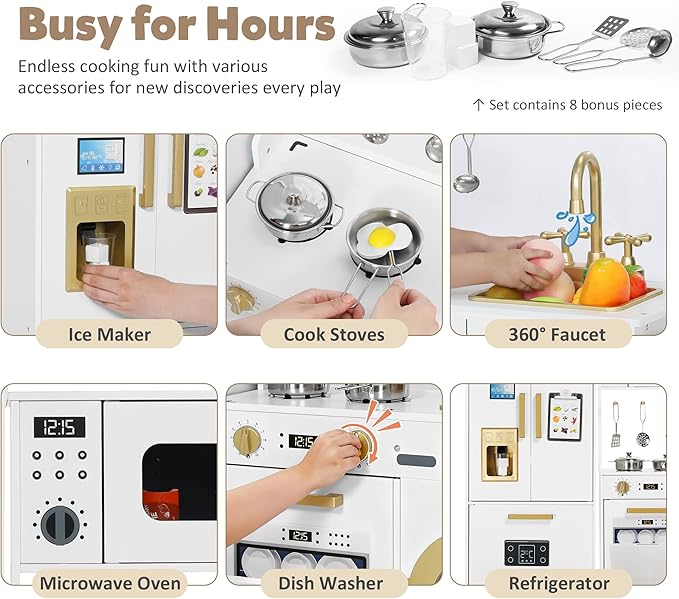 Play Kitchen Sets for Kids, Pretend Wooden Kids Kitchen Playset, Interactive Toy Kitchen with Freezer, Washing Machine, Ice Maker & Large Storage Space, for Boys Girls Ages 3+, White