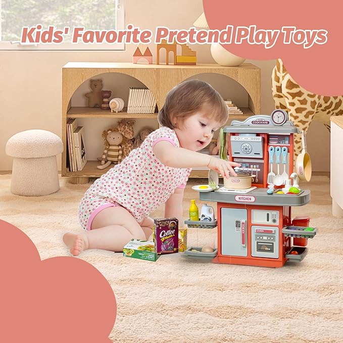 Play Kitchen Accessories for Toddlers, Cooking Stove with Realistic Sounds and Lights, Simulation Play Sink with Running Water, Pots and Pans Set, Play Foods Toys for Boys Girls 3 Years Up (Pink)