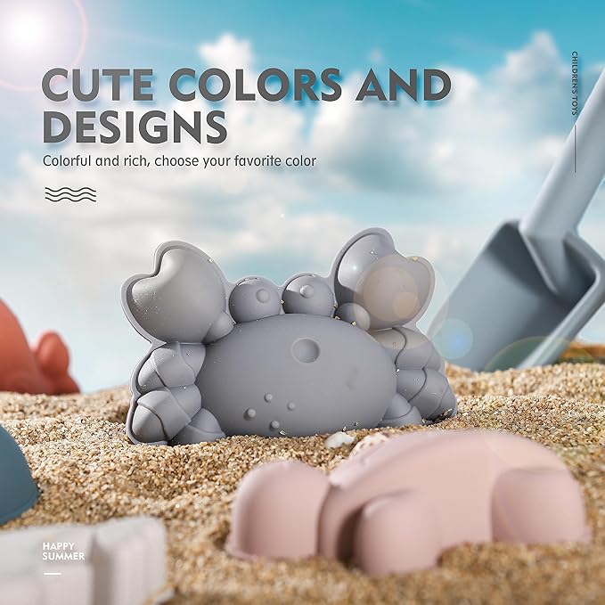 MarcZero 11Pcs Silicone Beach Toys,Modern Baby Beach Toys,Travel Friendly Beach Set,Silicone Bucket, Shovel, 8 Sand Molds, Beach Bag,Silicone Sand Toys for Toddlers, Kids (Blue)