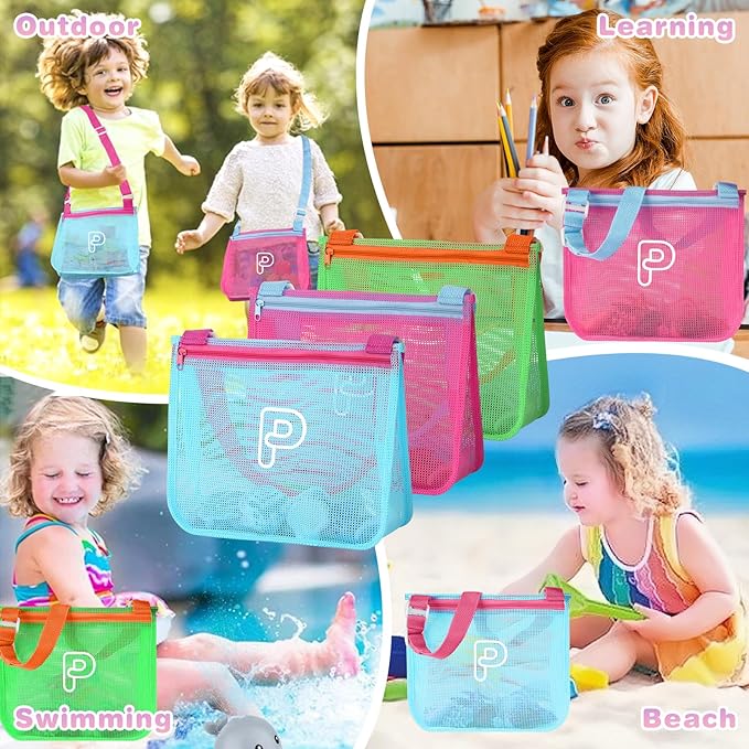 3Pcs Personalized Kids Beach Shell Bag, Initial Seashell Mesh Zipper Beach Pouch, Shell Collecting Bag for Holding Shells with Adjustable Straps, Sand Toys Swim Pouch Gift for Girl Boy Teens(Letter P)